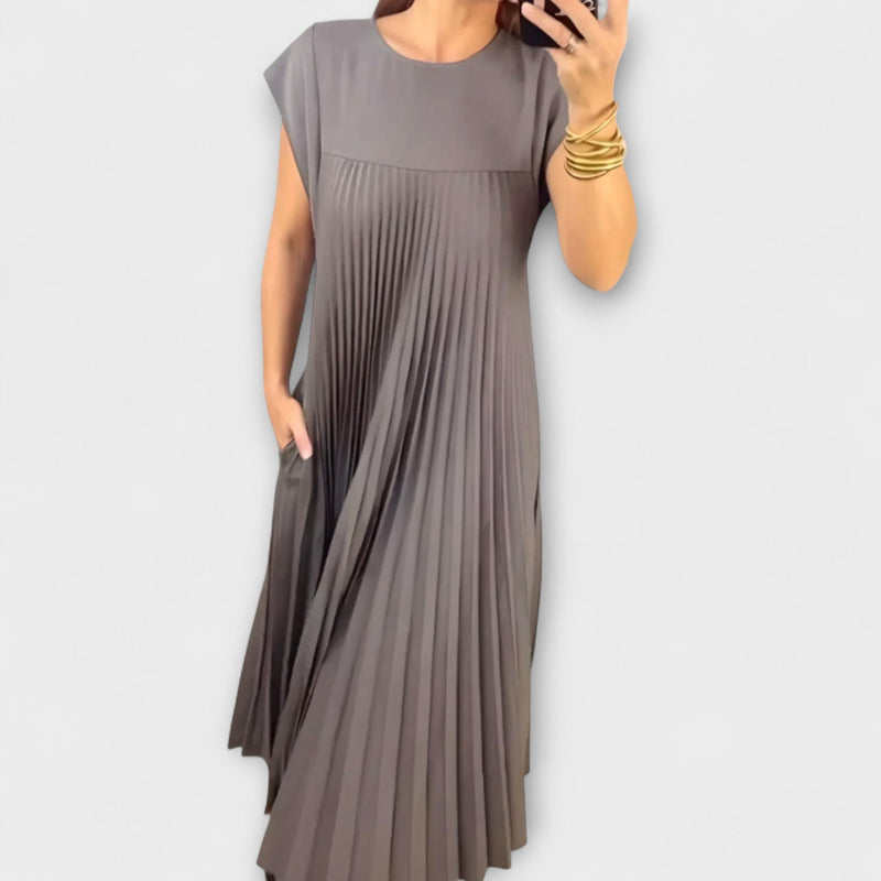 Louisa | Round Neck Pleated Yoke Relaxed Maxi Dress