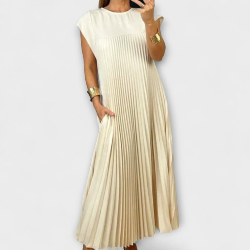 Louisa | Round Neck Pleated Yoke Relaxed Maxi Dress