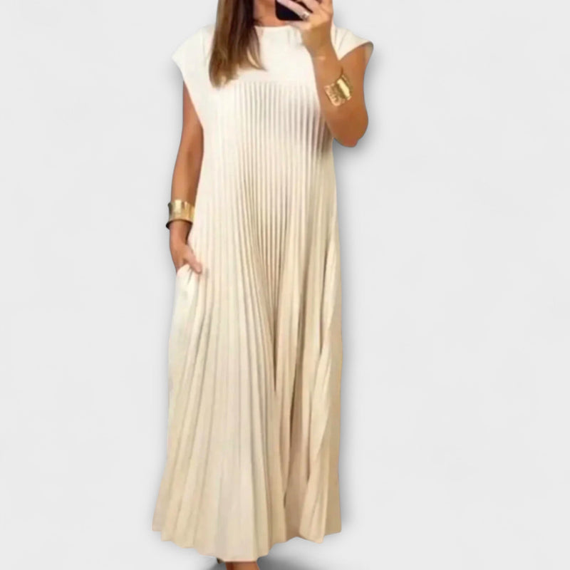 Louisa | Round Neck Pleated Yoke Relaxed Maxi Dress