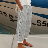 Women's Striped Trousers – High-Waisted Button Detail – Smart Casual Australia in Black