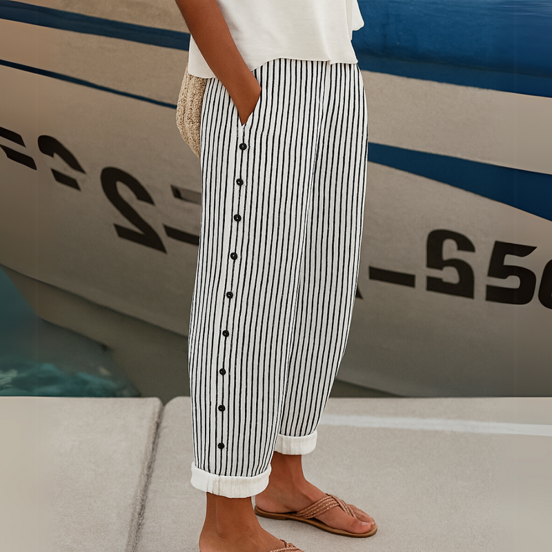 Women's Striped Trousers – High-Waisted Button Detail – Smart Casual Australia