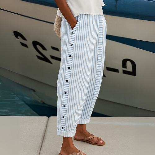Women's Striped Trousers – High-Waisted Button Detail – Smart Casual Australia
