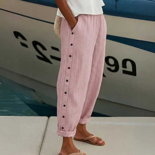 Women's Striped Trousers – High-Waisted Button Detail – Smart Casual Australia