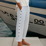 Women's Striped Trousers – High-Waisted Button Detail – Smart Casual Australia in Grey