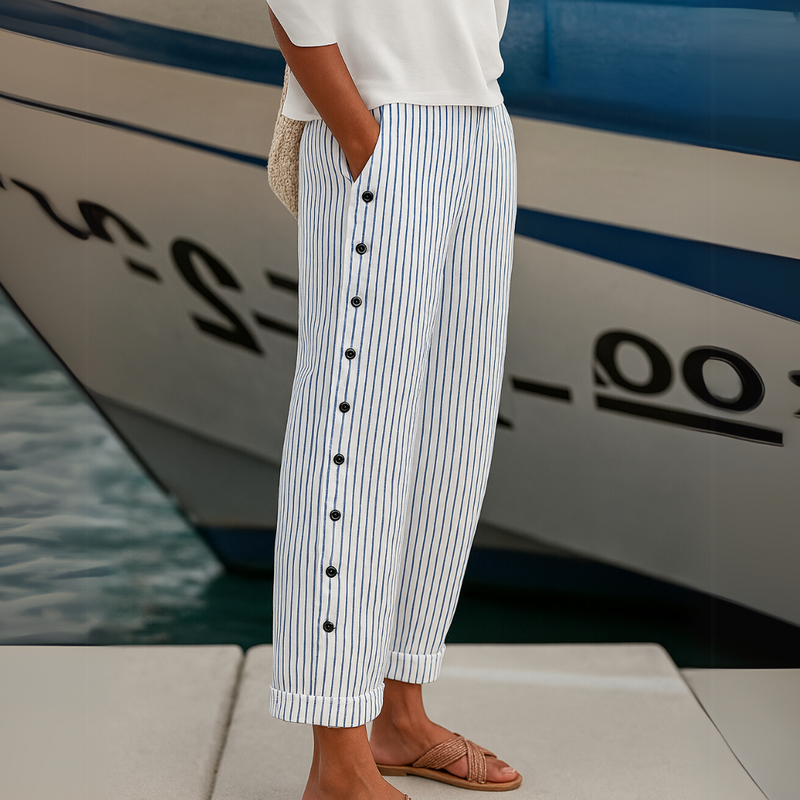 Women's Striped Trousers – High-Waisted Button Detail – Smart Casual Australia
