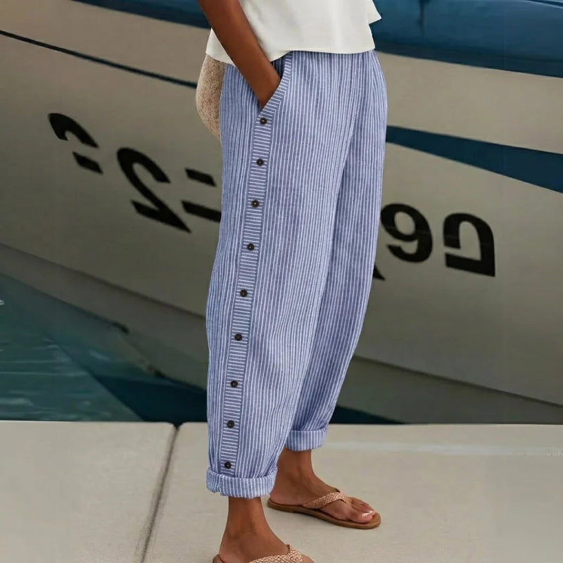 Women's Striped Trousers – High-Waisted Button Detail – Smart Casual Australia