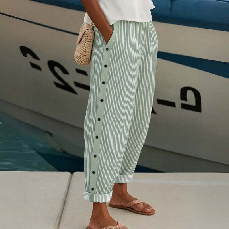 Women's Striped Trousers – High-Waisted Button Detail – Smart Casual Australia