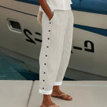 Women's Striped Trousers – High-Waisted Button Detail – Smart Casual Australia in Beige