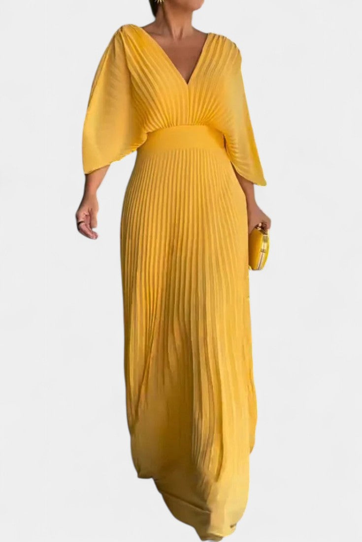Mabel | Pleated V-Neck Batwing-Sleeve Maxi Dress