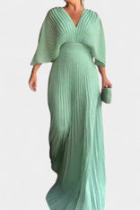Mabel | Pleated V-Neck Batwing-Sleeve Maxi Dress in Saz Green