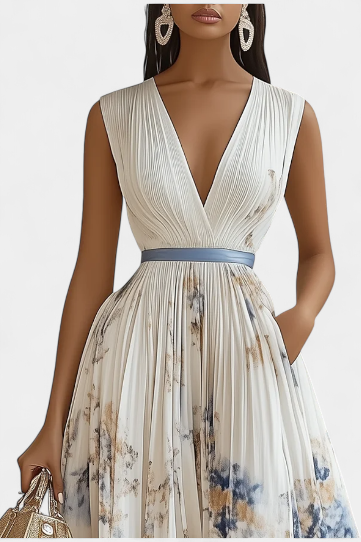 Madeleine | V-Neck Pleated Floral Belted Midi Dress