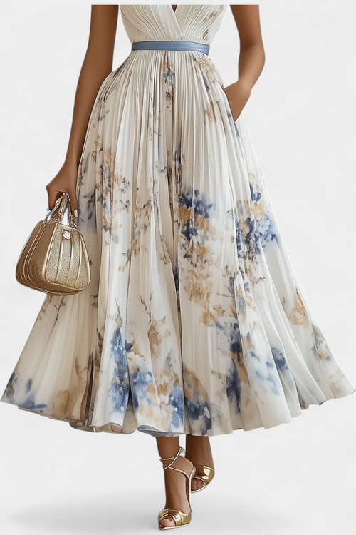 Madeleine V-neck pleated floral belted midi dress