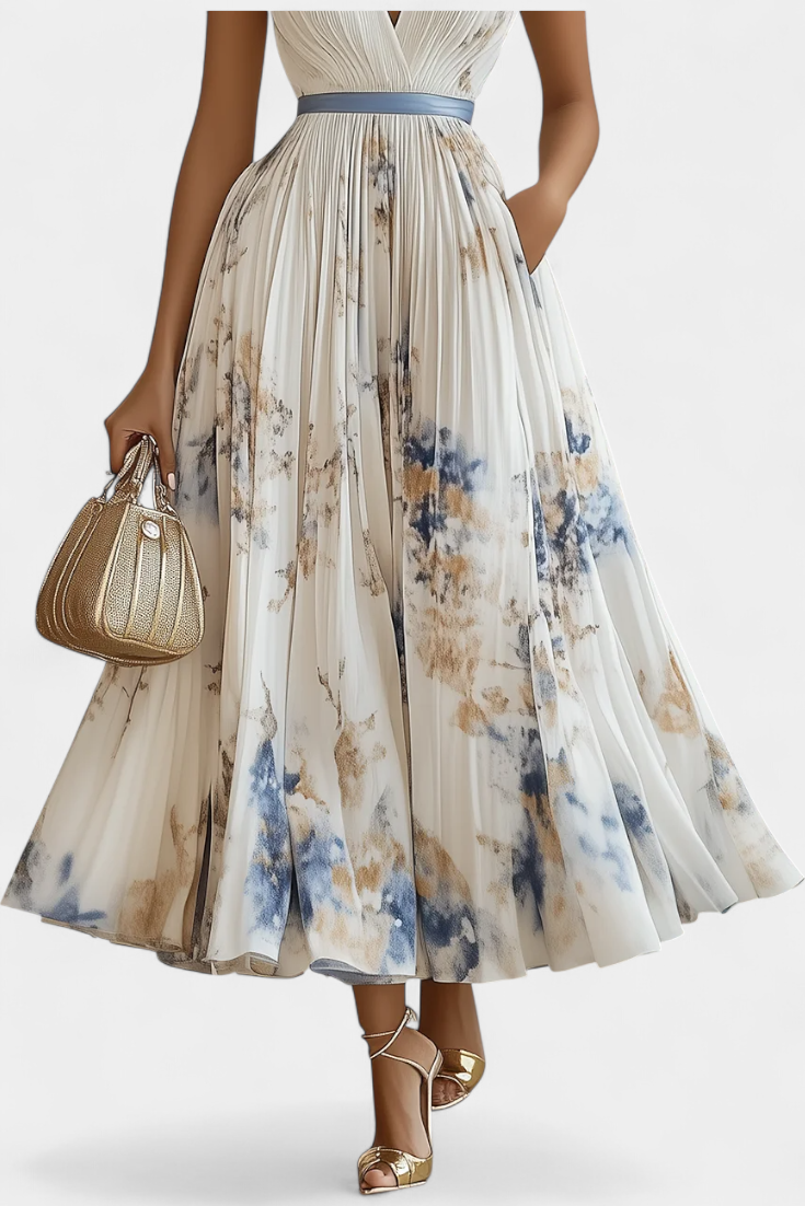 Madeleine | V-Neck Pleated Floral Belted Midi Dress