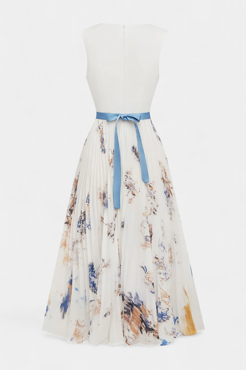 Madeleine V-neck pleated floral belted midi dress