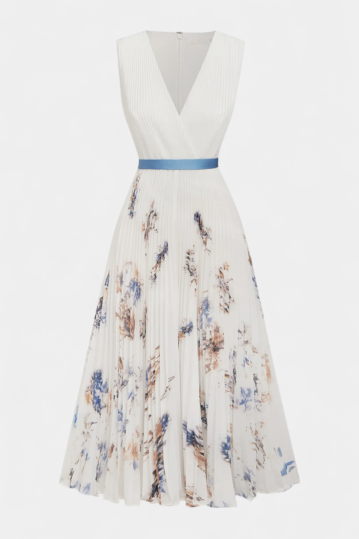 Madeleine | V-Neck Pleated Floral Belted Midi Dress