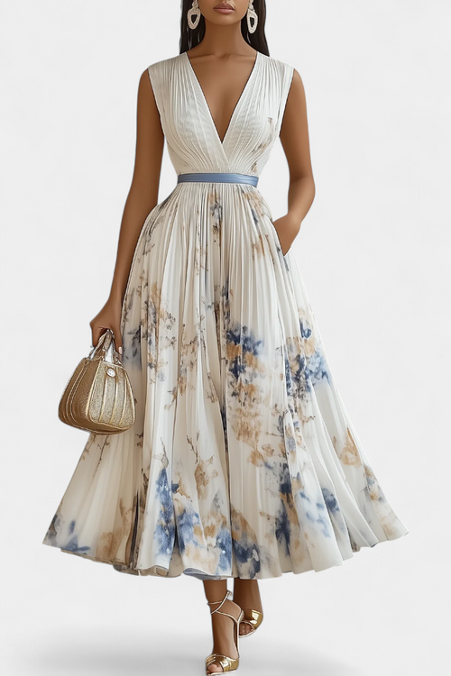 Madeleine V-neck pleated floral belted midi dress