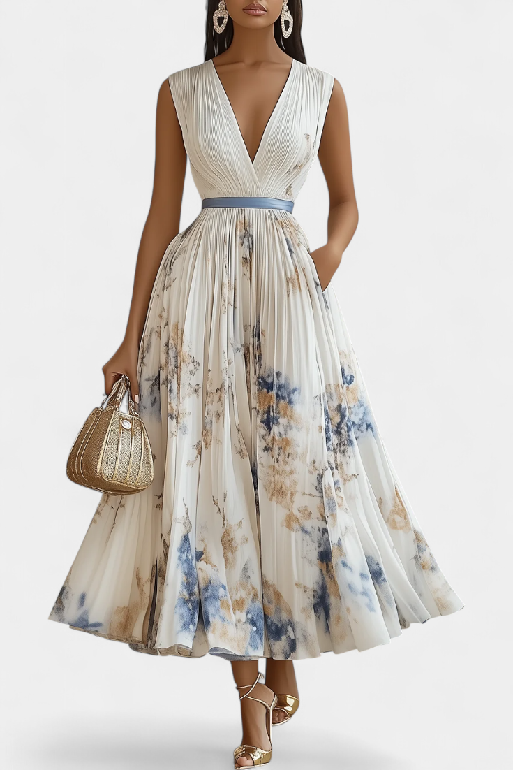 Madeleine | V-Neck Pleated Floral Belted Midi Dress