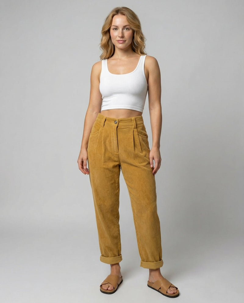 Women's Corduroy Trousers – High-Rise Elastic Waist – Casual Winter Australia