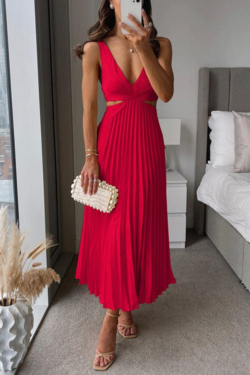 Mariana | V-Neck Pleated Cut-Out Waist Midi Dress