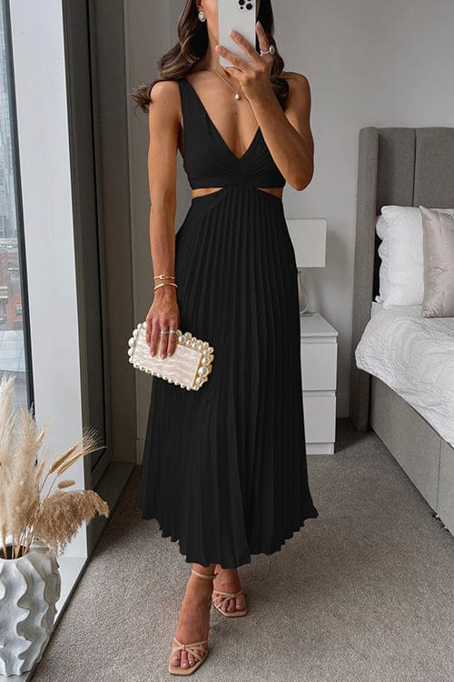 Mariana | V-Neck Pleated Cut-Out Waist Midi Dress