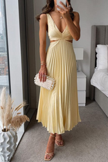 Mariana | V-Neck Pleated Cut-Out Waist Midi Dress in Yellow