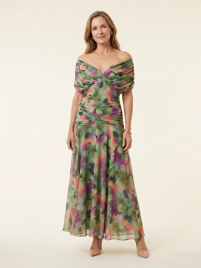 Vesna | Off-Shoulder Twist-Front Ruched Midi Dress