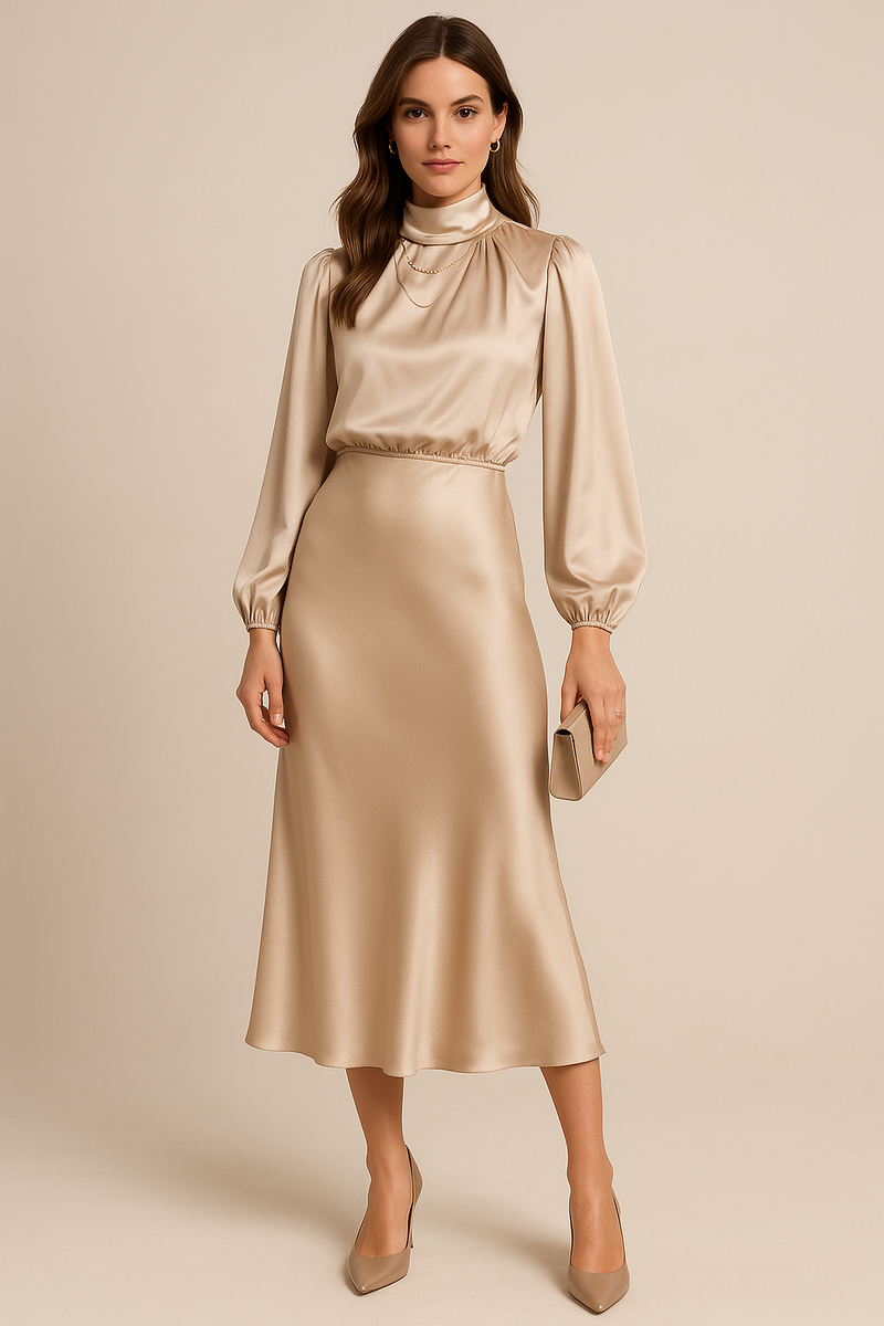 Maxine | Draped High Neck Blouson Sleeve Flared Midi Dress