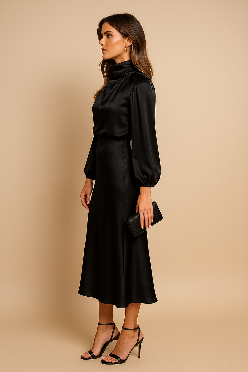 Maxine | Draped High Neck Blouson Sleeve Flared Midi Dress