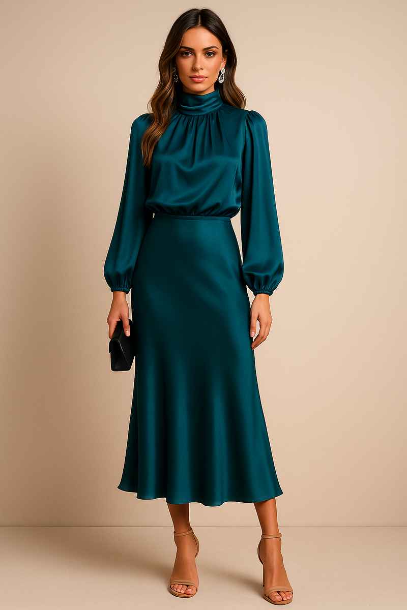 Maxine | Draped High Neck Blouson Sleeve Flared Midi Dress