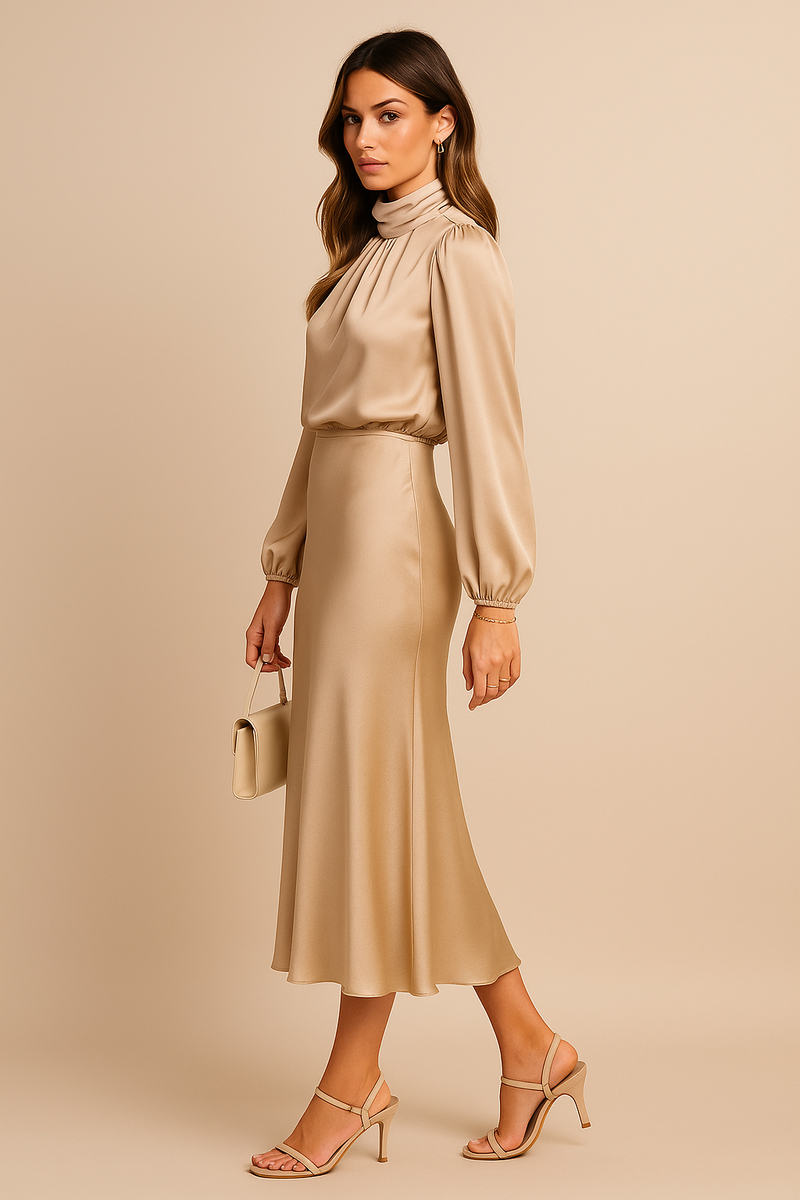 Maxine | Draped High Neck Blouson Sleeve Flared Midi Dress