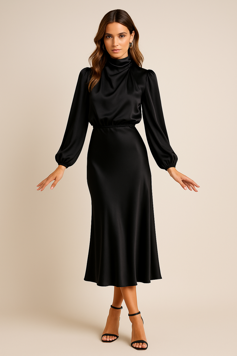 Maxine | Draped High Neck Blouson Sleeve Flared Midi Dress