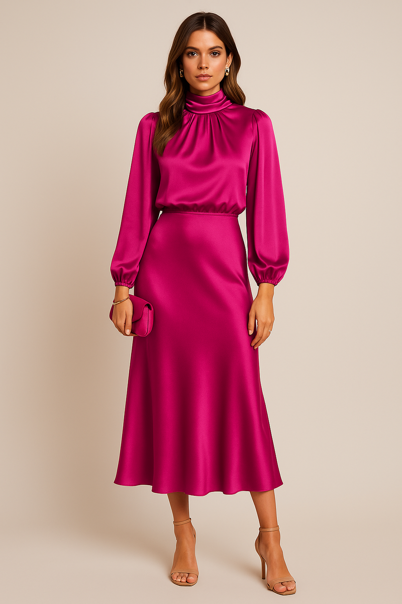 Maxine | Draped High Neck Blouson Sleeve Flared Midi Dress