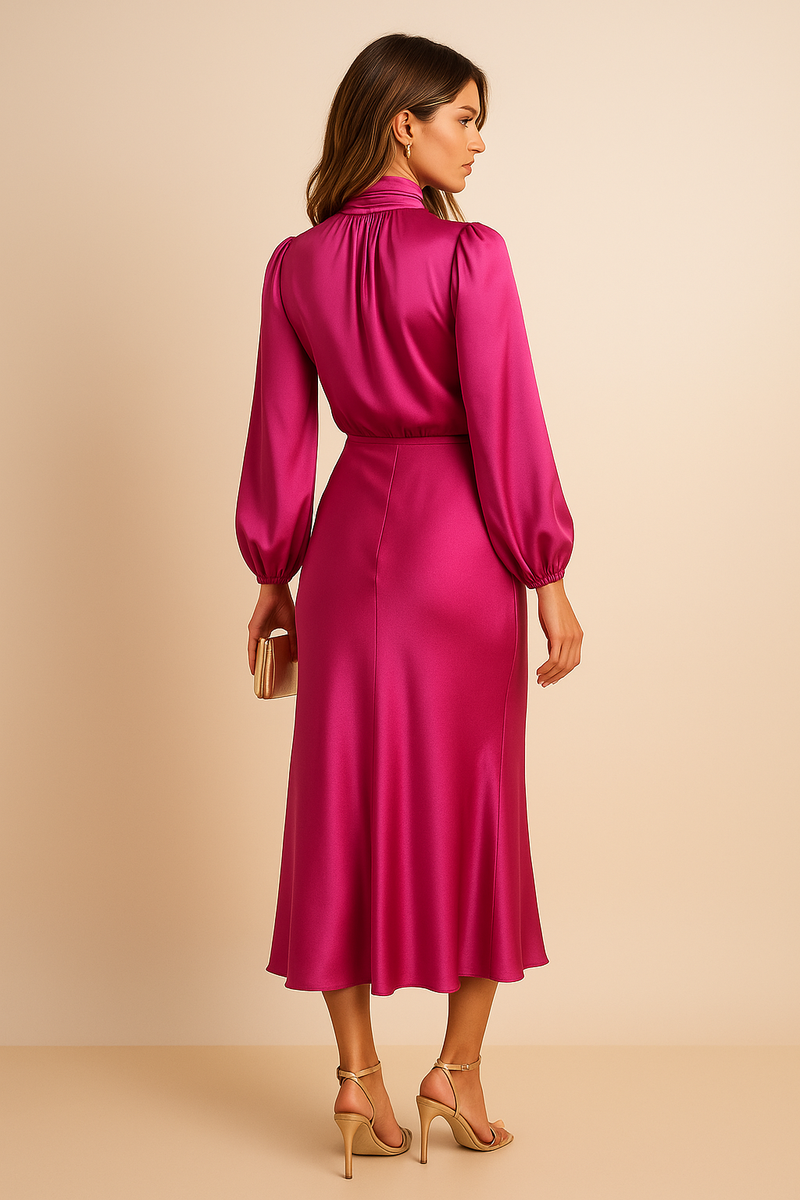 Maxine | Draped High Neck Blouson Sleeve Flared Midi Dress