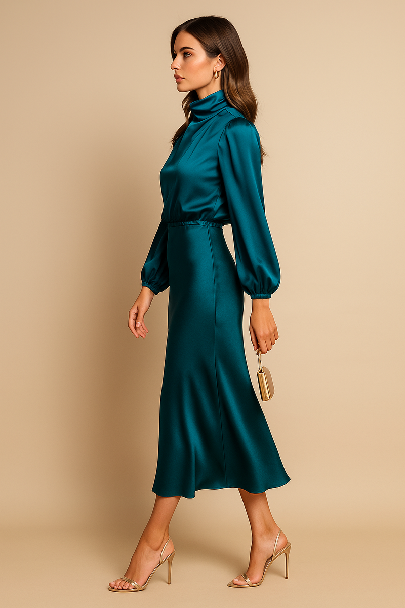 Maxine | Draped High Neck Blouson Sleeve Flared Midi Dress