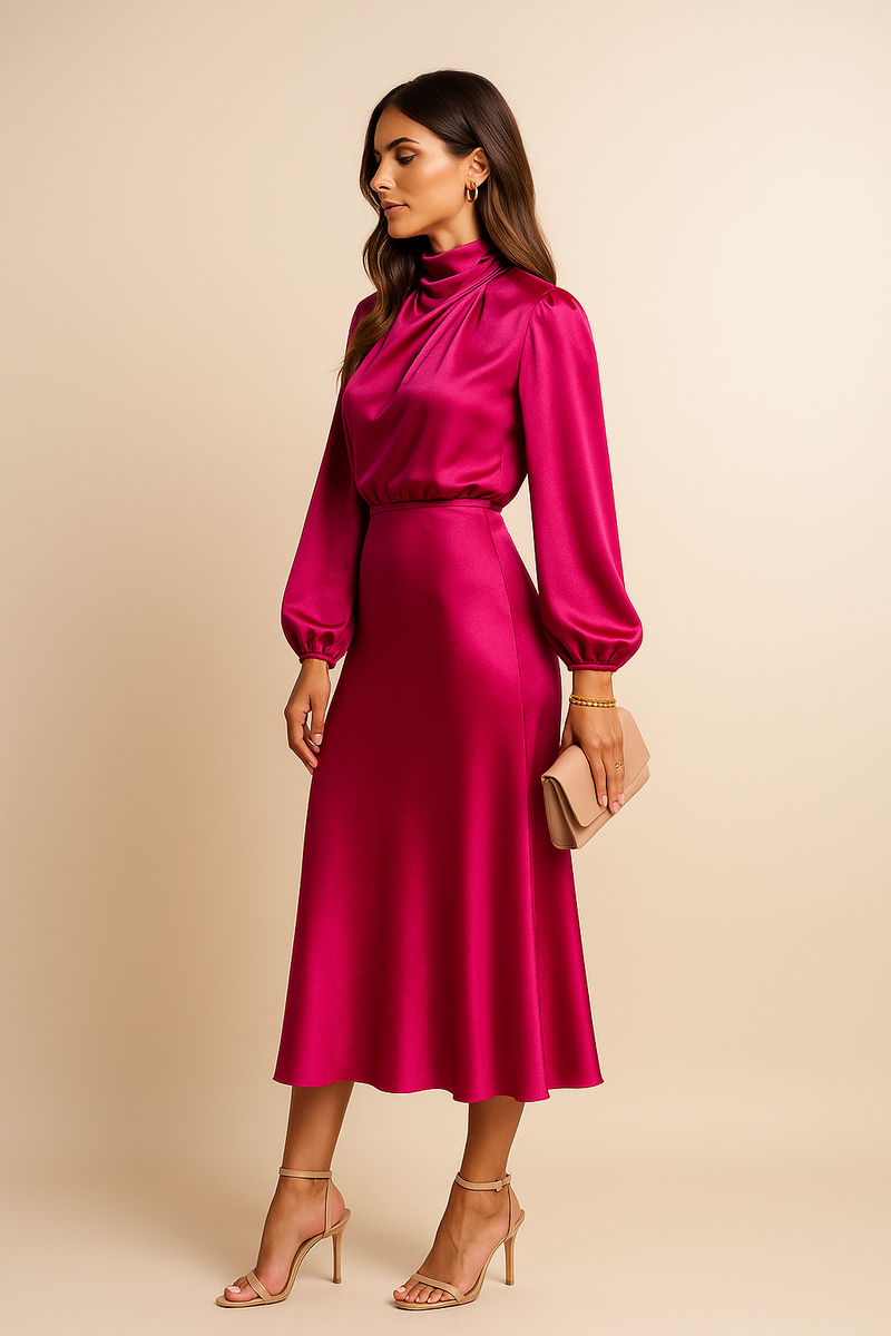 Maxine | Draped High Neck Blouson Sleeve Flared Midi Dress