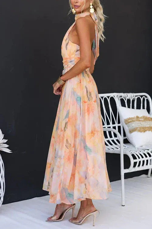Monique | Halter Neck Gathered Open-Back Midi Dress