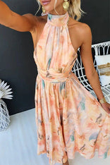 Monique | Halter Neck Gathered Open-Back Midi Dress in Peach