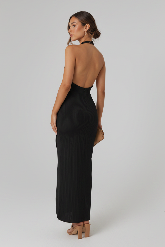 Natalia | Textured Halter Open-Back Wrap Midi Dress