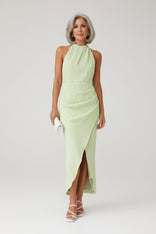 Natalia | Textured Halter Open-Back Wrap Midi Dress in Light green