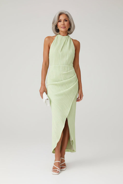 Natalia textured halter open-back wrap midi dress
