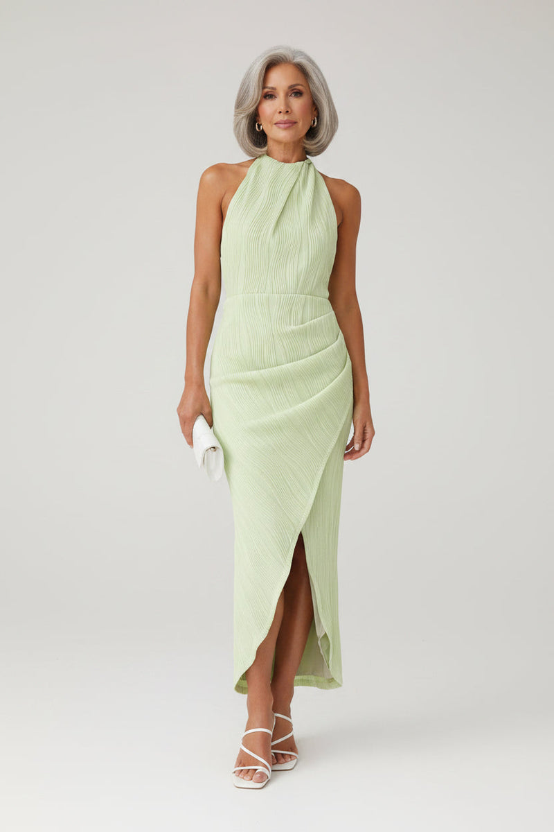 Natalia | Textured Halter Open-Back Wrap Midi Dress