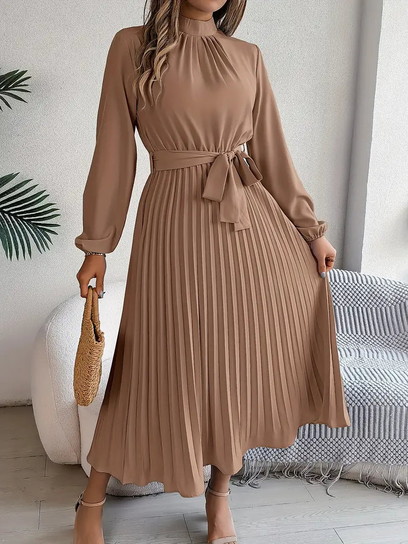 Nell | High Neck Belted Pleated Long-Sleeve Midi Dress