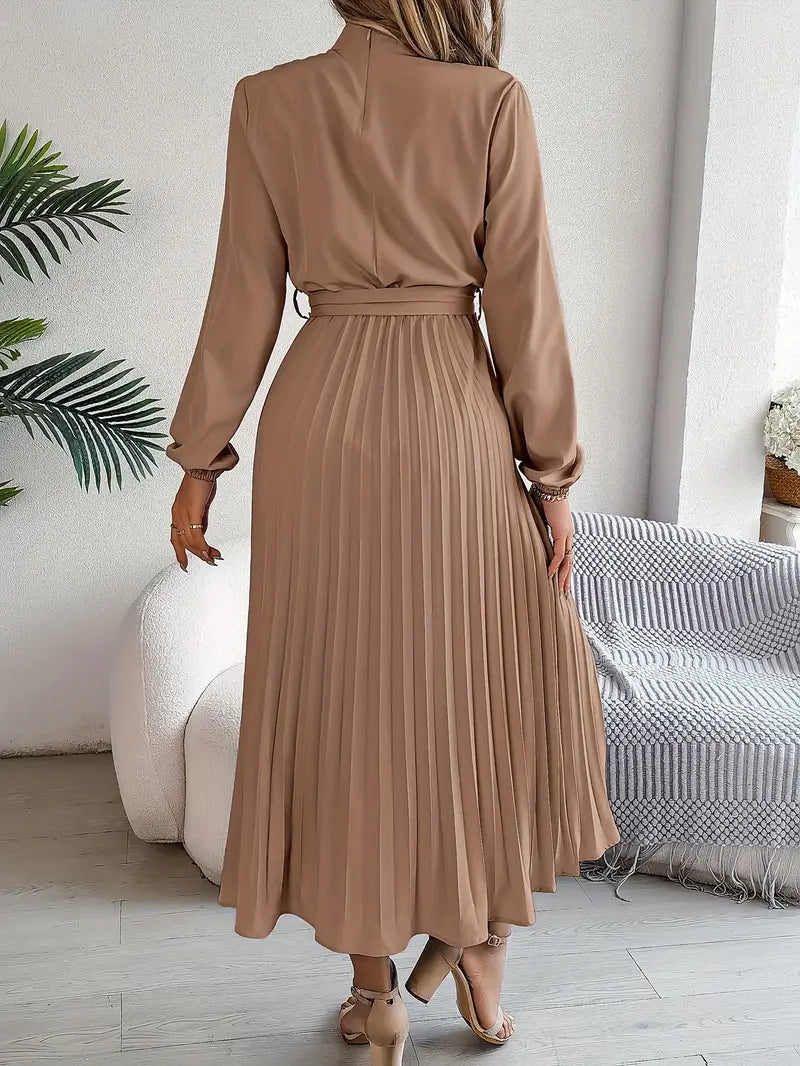 Nell | High Neck Belted Pleated Long-Sleeve Midi Dress