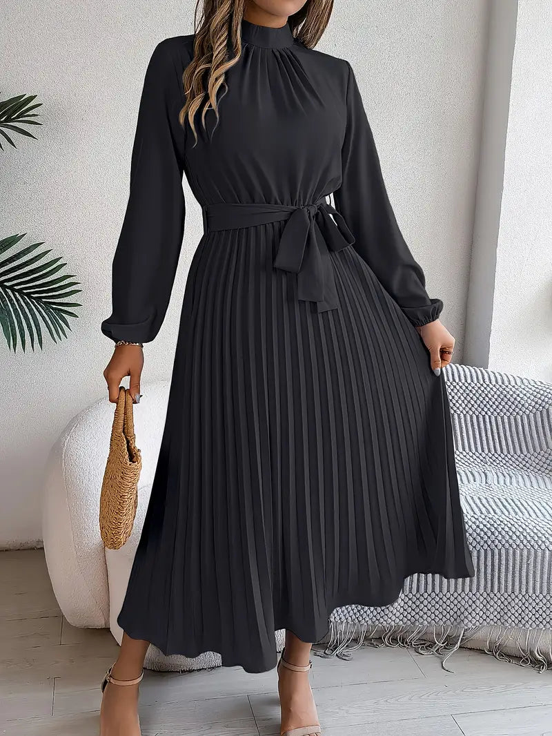 Nell | High Neck Belted Pleated Long-Sleeve Midi Dress