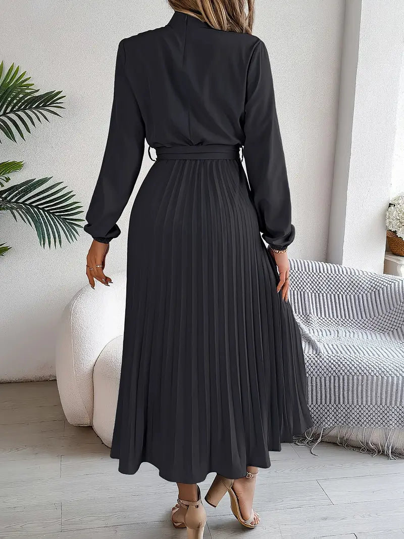 Nell | High Neck Belted Pleated Long-Sleeve Midi Dress