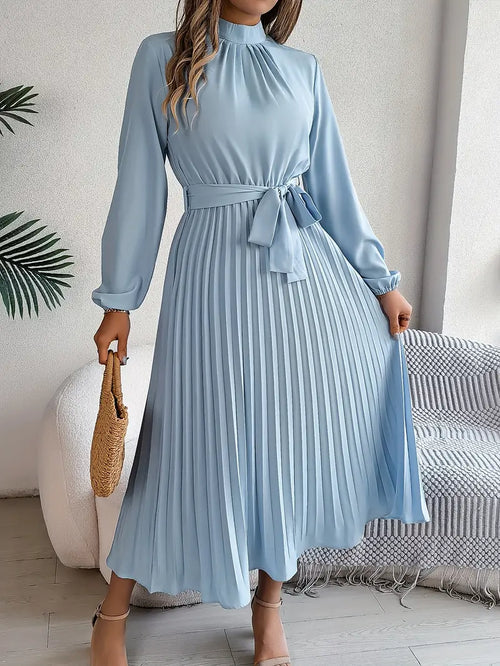 Nell high neck belted pleated long-sleeve midi dress