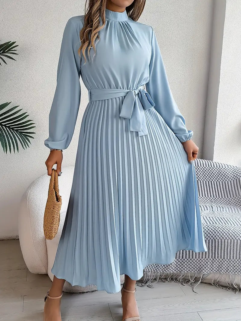 Nell | High Neck Belted Pleated Long-Sleeve Midi Dress