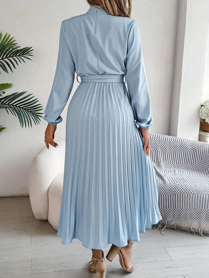Nell | High Neck Belted Pleated Long-Sleeve Midi Dress