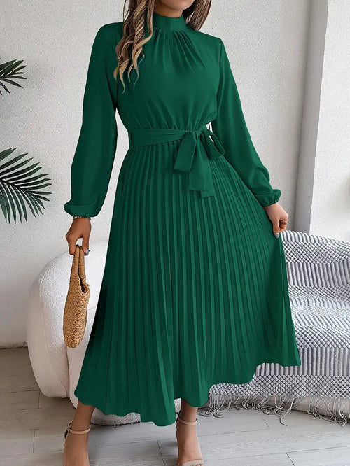 Nell high neck belted pleated long-sleeve midi dress