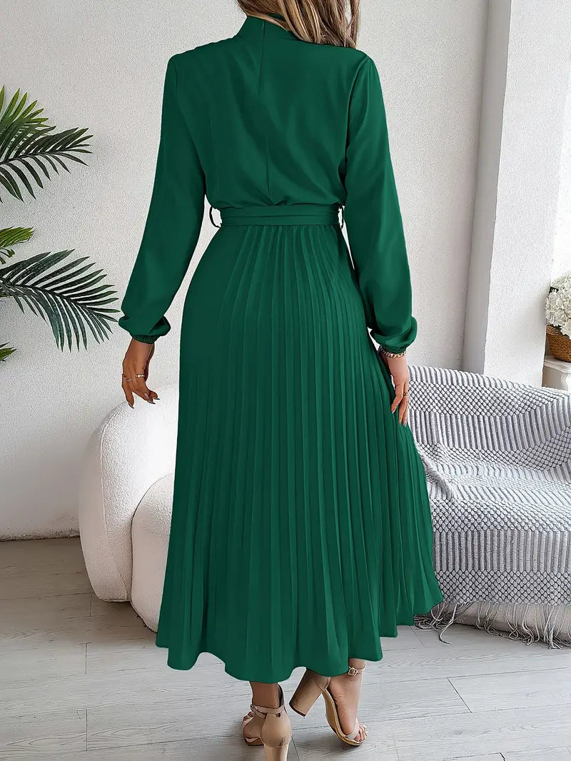 Nell | High Neck Belted Pleated Long-Sleeve Midi Dress